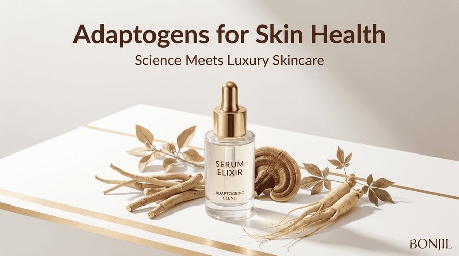 Adaptogenic skincare serum displayed with reishi mushroom, ginseng, and botanical roots for a luxury skin-health formulation.