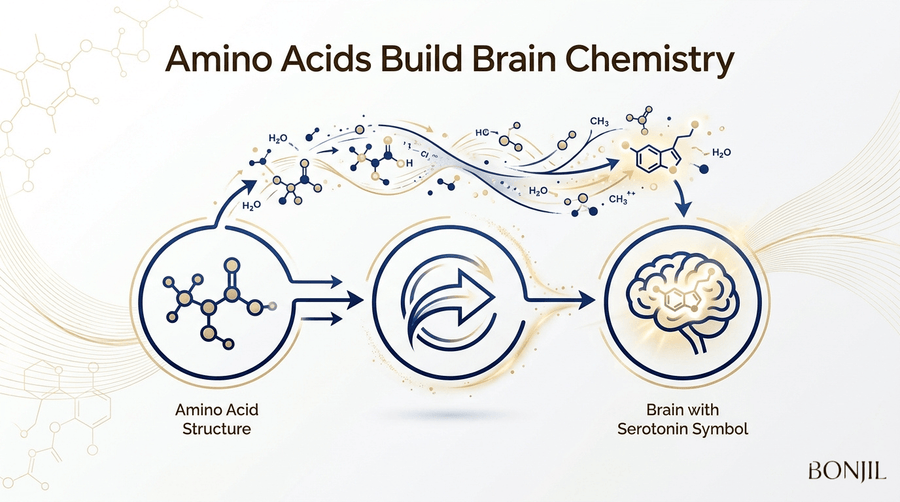 Amino acids build brain chemistry diagram showing amino acid structure converting into serotonin-related brain neurotransmitter support
