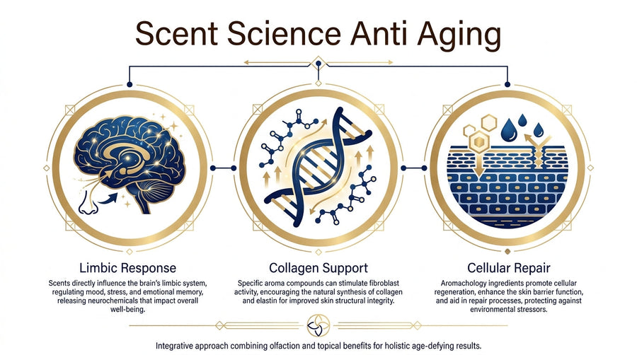 Aromachology anti-aging science diagram showing limbic response, collagen support, and cellular skin repair