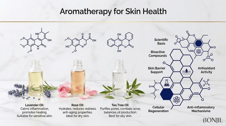 Aromatherapy for skin health infographic showing lavender oil, rose oil, and tea tree oil with bioactive skincare benefits