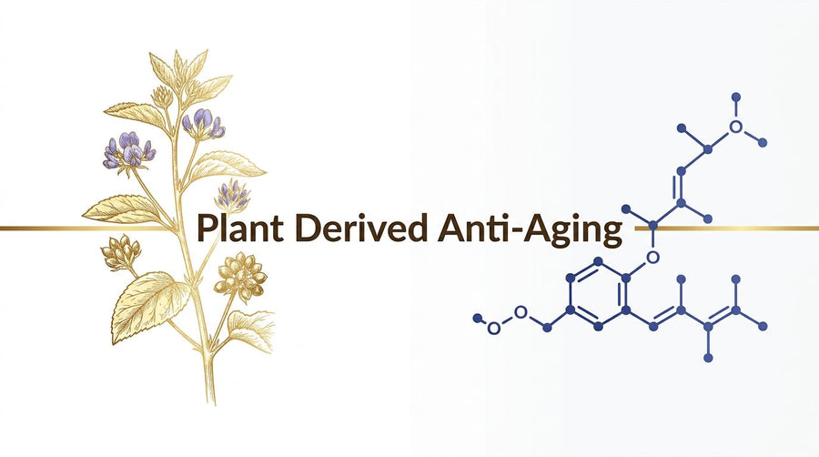 Plant-derived anti-aging skincare graphic featuring a botanical illustration and bakuchiol molecular structure.