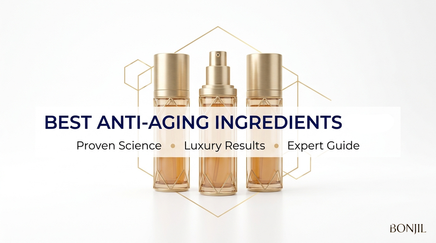 Best anti-aging ingredients blog cover with luxury skincare bottles and expert guide to proven science-based results