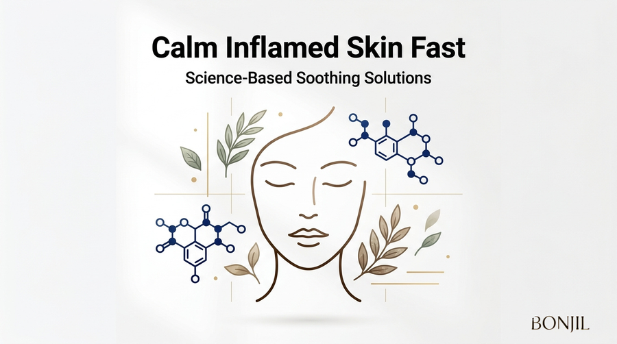 Calm inflamed skin fast infographic showing a soothing face illustration with botanical extracts and science-based skincare molecules.