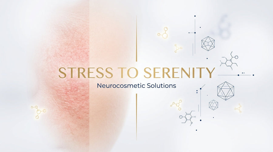 Neurocosmetic skincare infographic showing the connection between stress, skin, and serenity with molecular design elements.