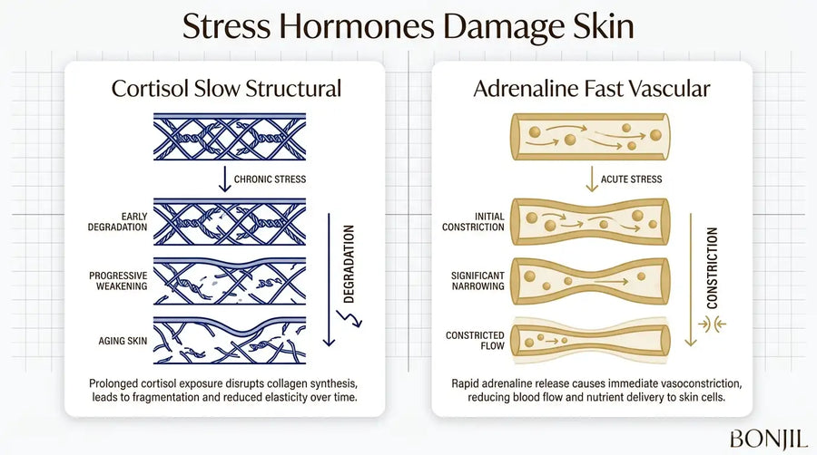 Cortisol and adrenaline effects on skin showing long-term collagen degradation and short-term blood vessel constriction