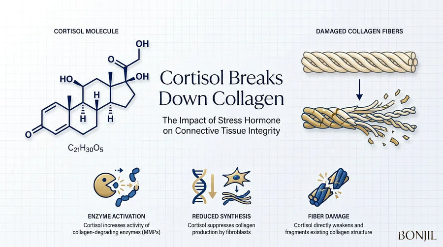 Cortisol molecule infographic showing how stress hormones break down collagen fibers and damage connective tissue.