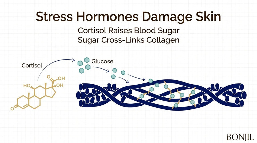 Stress hormone and cortisol glycation process showing elevated glucose cross-linking collagen fibers and contributing to skin aging