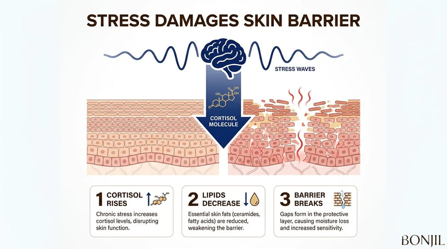 Stress-induced cortisol damage to the skin barrier showing reduced lipids, barrier gaps, moisture loss, and increased sensitivity