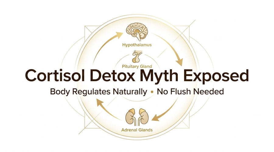 Cortisol detox myth infographic showing the hypothalamus, pituitary gland, and adrenal glands regulating cortisol naturally.