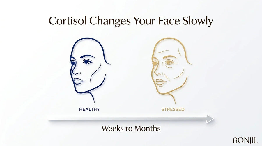 Cortisol face changes timeline showing a healthy face gradually becoming stressed over weeks to months.