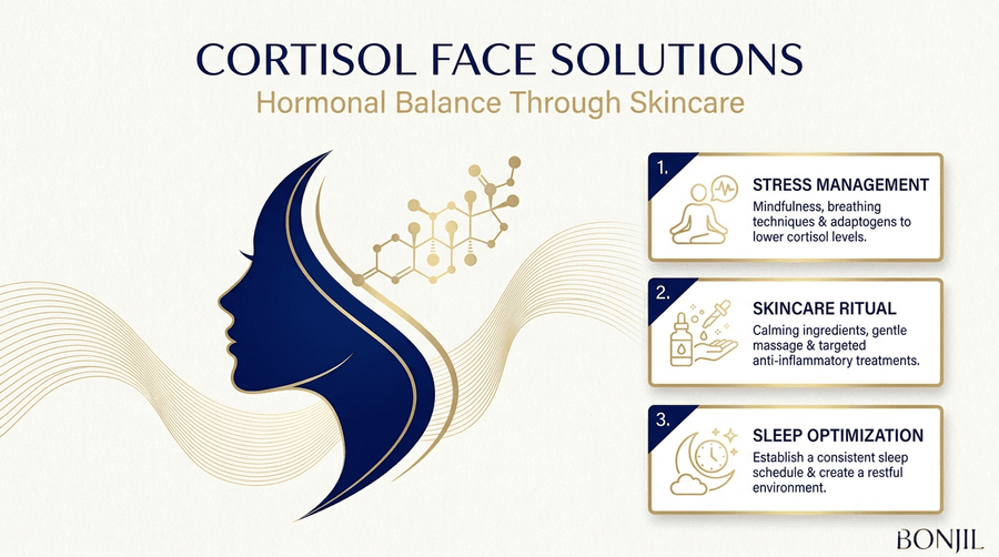 Cortisol face solutions infographic showing stress management, skincare rituals, and sleep optimization for hormonal balance through skincare.