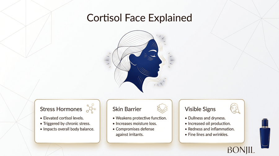Cortisol face infographic showing how chronic stress hormones weaken the skin barrier and cause dullness, dryness, oiliness, redness, and fine lines.