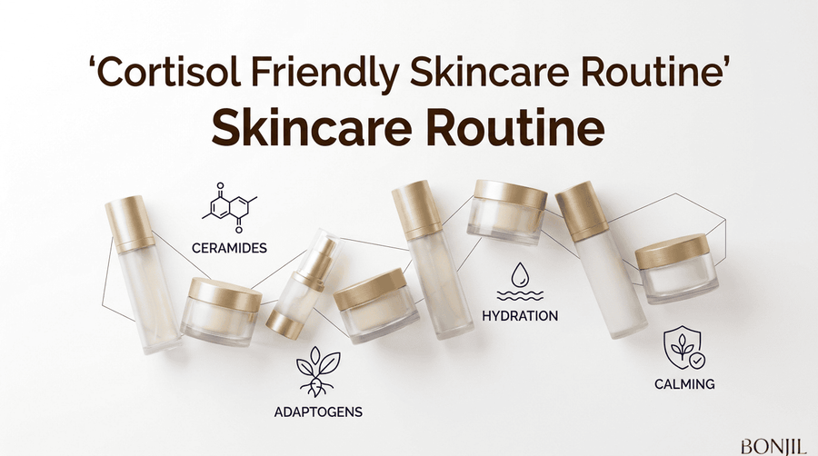 Cortisol-friendly skincare routine featuring ceramides, adaptogens, hydrating products, and calming ingredients for stressed skin.