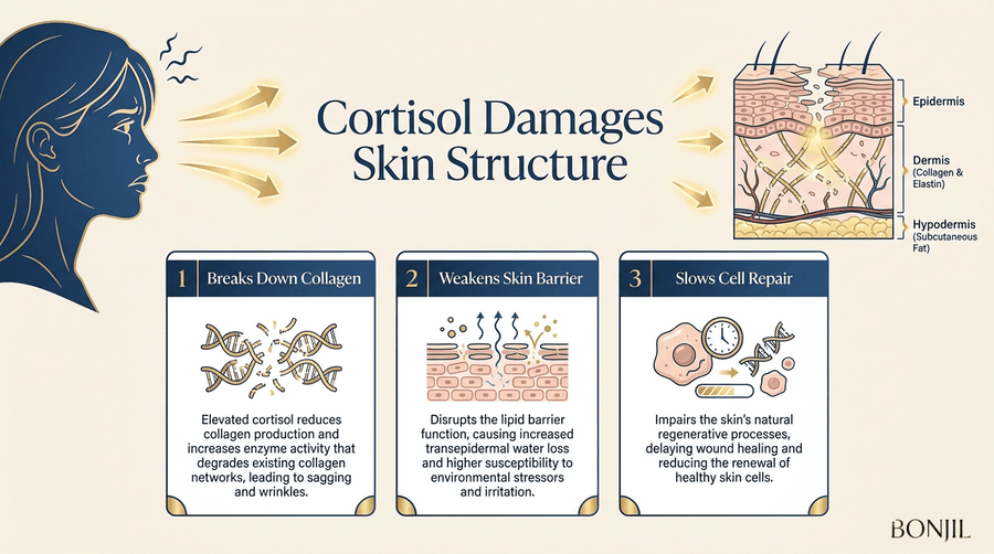 Cortisol damages skin structure infographic explaining collagen breakdown, weakened skin barrier, and slower cell repair from stress.