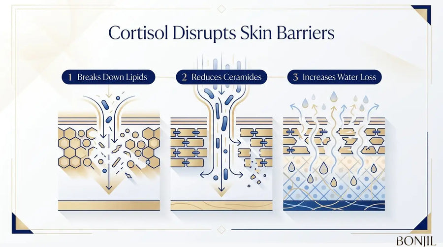 Cortisol disrupting the skin barrier by breaking down lipids, reducing ceramides, and increasing water loss