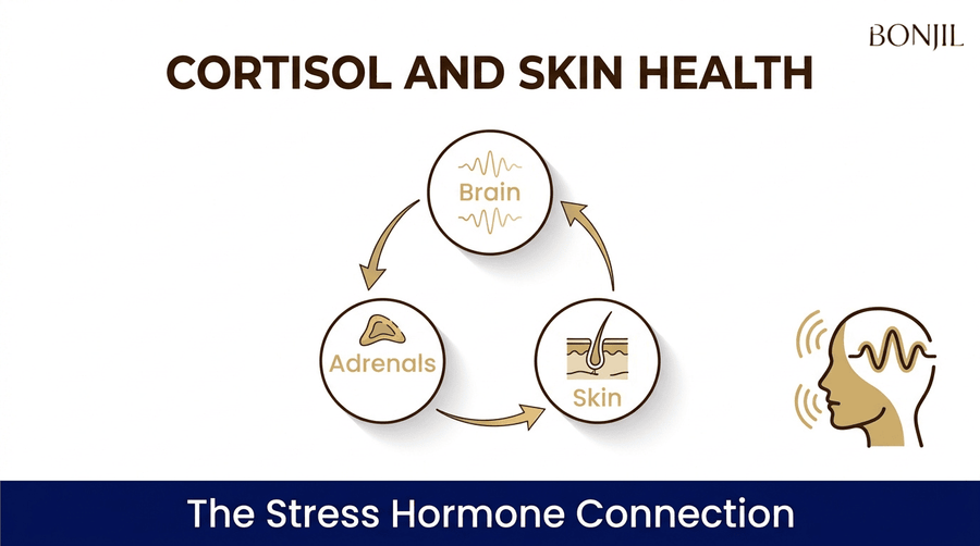 Cortisol and skin health diagram showing the connection between the brain, adrenal glands, skin, and the body’s stress response.