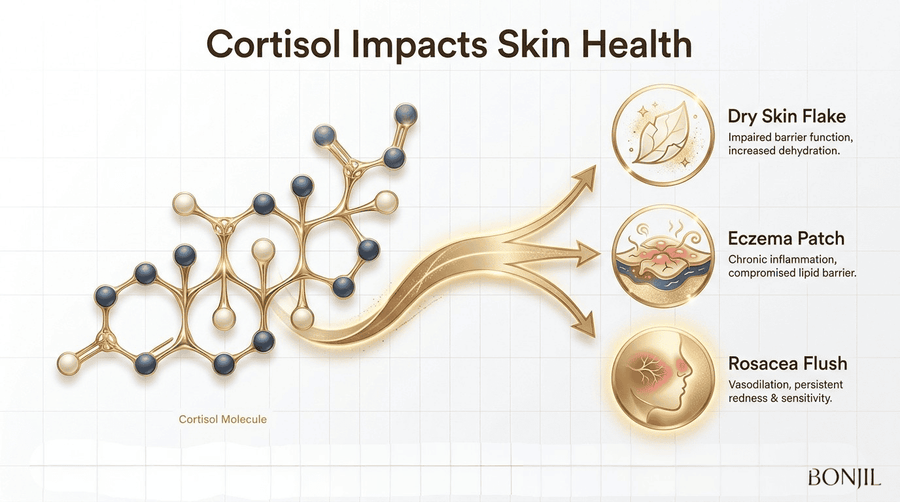 Cortisol molecule diagram showing how high cortisol may contribute to dry skin, eczema flare-ups, rosacea redness, and increased sensitivity.