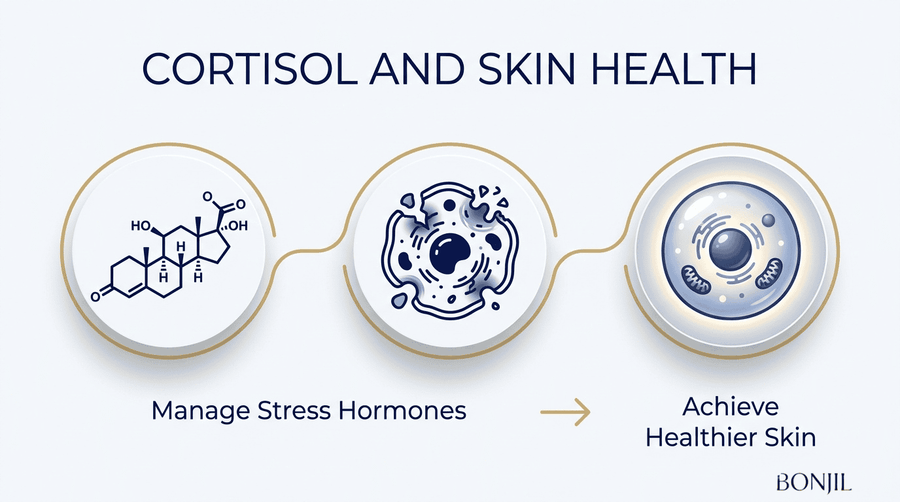 Cortisol and skin health diagram showing how managing stress hormones may support healthier skin cells.