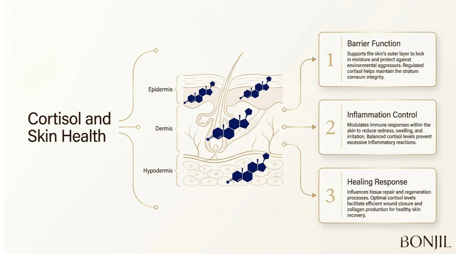 Cortisol and skin health diagram explaining its role in skin barrier function, inflammation control, tissue healing, and regeneration.
