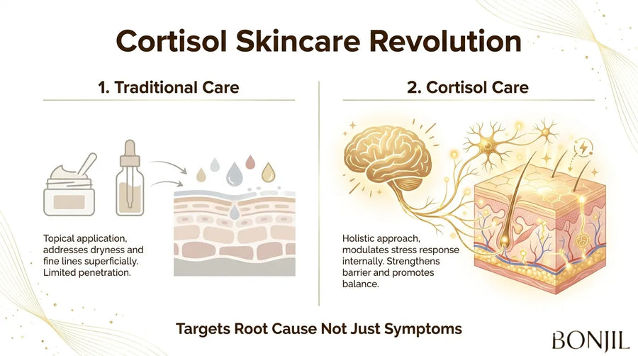 Cortisol skincare versus traditional skincare comparison showing surface care and a brain-skin stress response approach