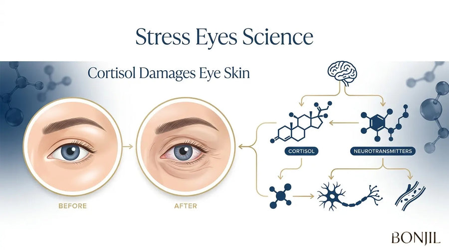 Stress eyes science infographic showing how cortisol and neurotransmitters can affect the delicate skin around the eyes