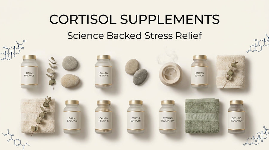 Cortisol supplements infographic showing bottles, natural ingredients, and science-backed stress relief concepts.