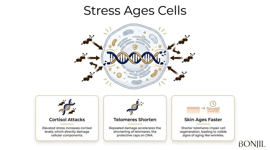 Stress-related cellular aging showing cortisol damage, telomere shortening, and faster visible skin aging