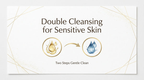 Double cleansing for sensitive skin infographic showing a two-step gentle cleansing routine with oil-based and water-based cleansing steps.