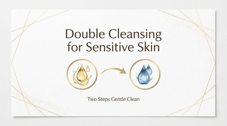 Double cleansing for sensitive skin infographic showing a two-step gentle cleansing routine with oil-based and water-based cleansing steps.