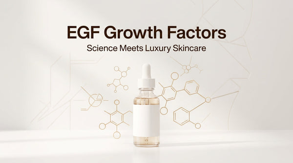 EGF growth factors skincare infographic showing a serum bottle with molecular structures representing advanced luxury skincare science.