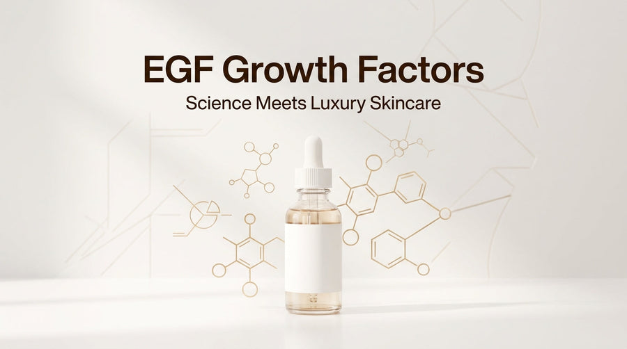 EGF growth factors skincare infographic showing a serum bottle with molecular structures representing advanced luxury skincare science.
