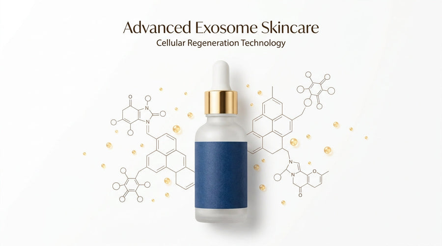 Advanced exosome skincare infographic showing a serum bottle with molecular structures representing cellular regeneration technology.
