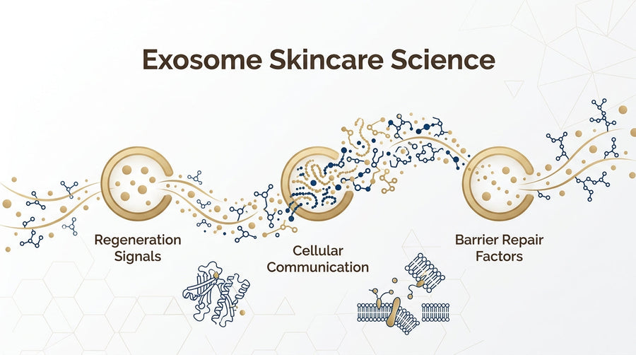 Exosome skincare science infographic showing cellular communication, regeneration signals, and barrier repair factors.