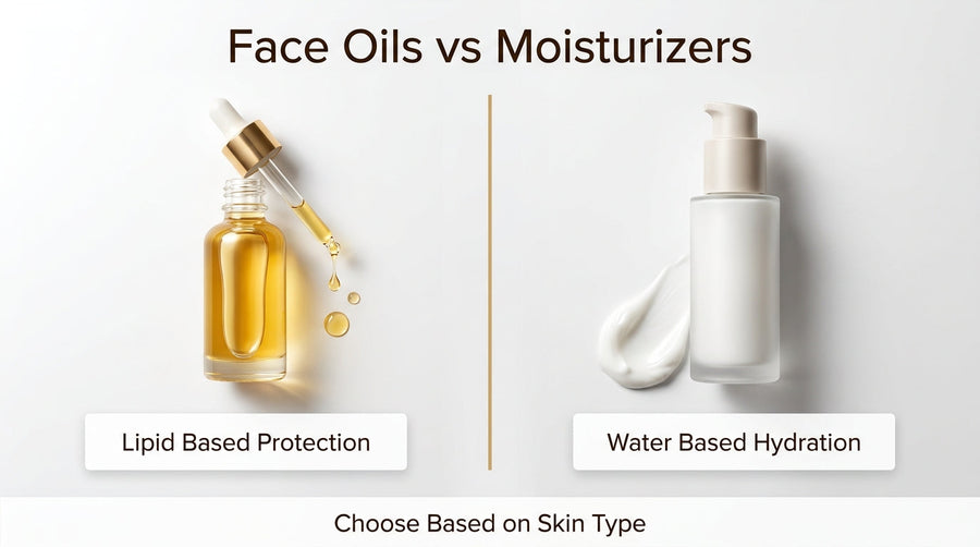Face oils vs moisturizers infographic comparing lipid-based protection from facial oils with water-based hydration from moisturizers.