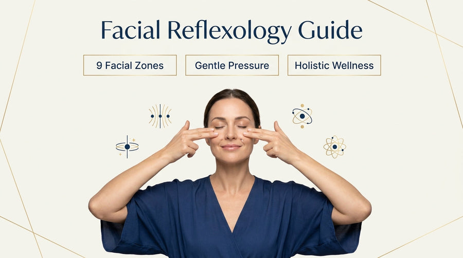 Facial reflexology guide showing gentle pressure techniques on facial zones for holistic wellness