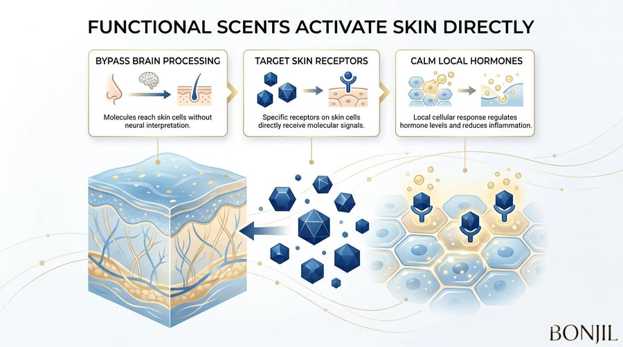 Functional scents activating skin receptors directly to influence local hormones and reduce inflammation