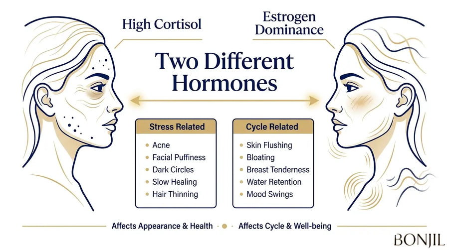 High cortisol vs estrogen dominance comparison showing stress-related skin changes and cycle-related symptoms