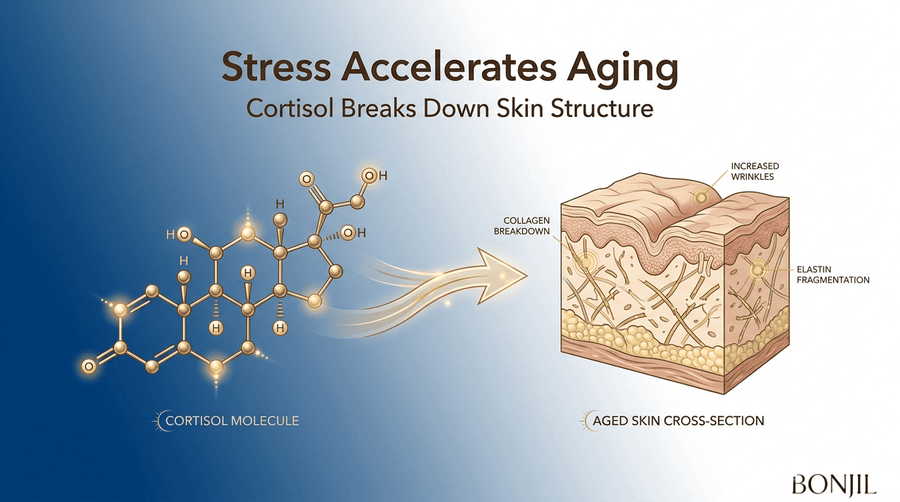 Stress accelerates aging infographic showing cortisol molecule breaking down collagen, elastin, and skin structure.