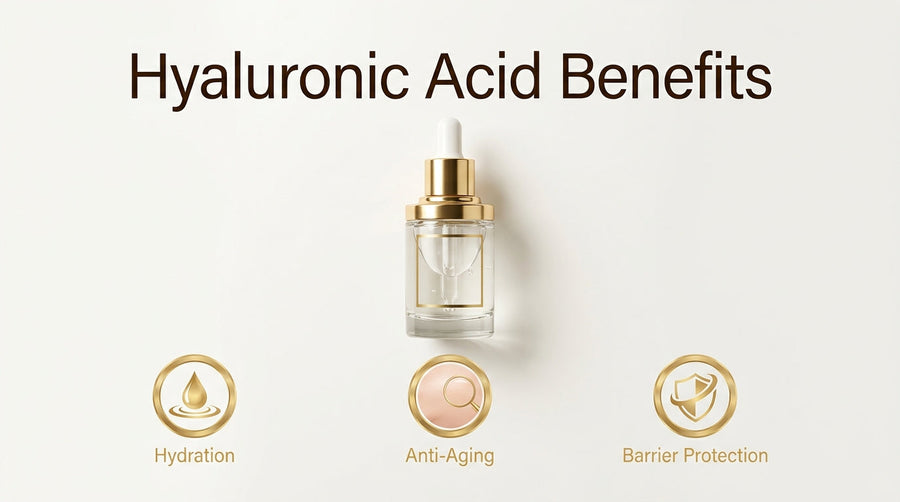 Hyaluronic acid benefits infographic showing a skincare serum with icons for hydration, anti-aging, and skin barrier protection.