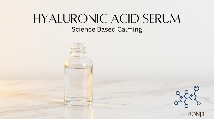 Hyaluronic acid serum bottle with science-based calming skincare message and molecular graphic for Bonjil skincare.