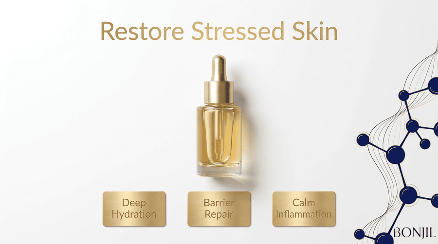 Hyaluronic acid serum for stressed skin showing deep hydration, barrier repair, and calming inflammation benefits