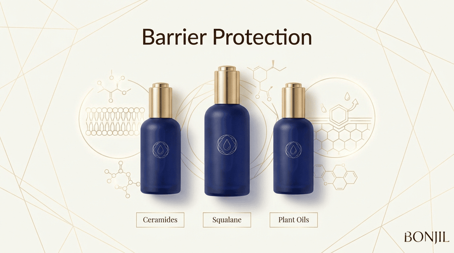 Barrier protection skincare alternatives showing ceramides, squalane, and plant oils for lipid-based moisture support