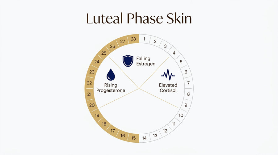 Luteal phase skin overview showing menstrual cycle timing, rising progesterone, falling estrogen, and elevated cortisol