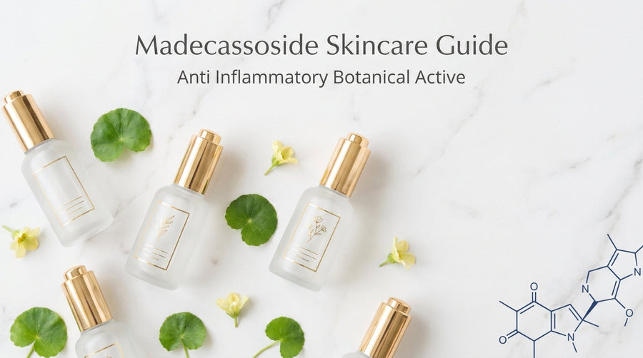 Madecassoside skincare guide infographic showing botanical skincare bottles, centella leaves, and an anti-inflammatory active ingredient concept.