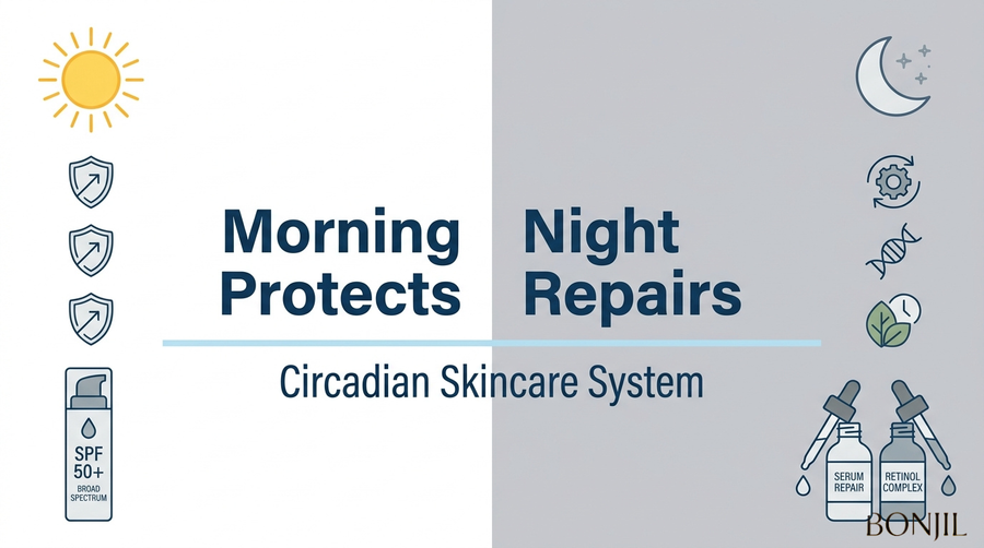 Circadian skincare system showing how morning products protect the skin while nighttime serums and retinol support repair.