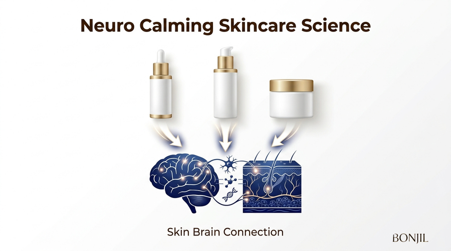 Neuro calming skincare science infographic showing cosmetic products connecting the brain and skin through the skin-brain connection.