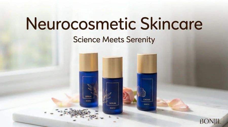 Neurocosmetic skincare products in blue bottles with calming botanicals, illustrating where skincare science meets serenity.