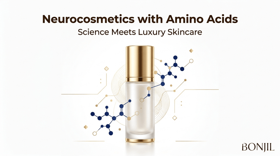 Neurocosmetics with amino acids hero image showing luxury skincare serum with molecular structures and science-based skincare innovation