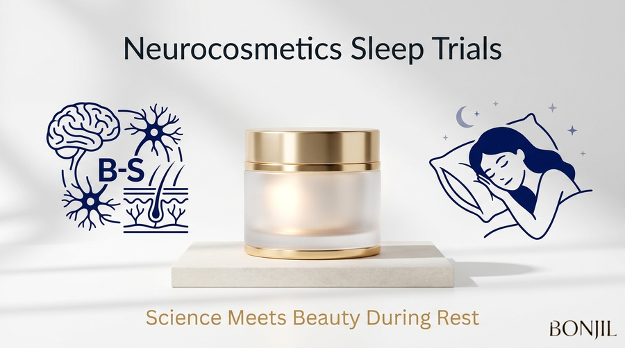 Neurocosmetics sleep trials graphic showing skincare cream, brain-skin connection, and overnight beauty benefits during rest