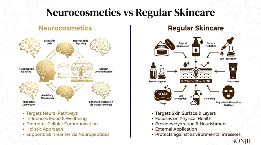 Neurocosmetics vs regular skincare comparison showing brain-skin axis, neural pathways, topical application, hydration, barrier support, and environmental protection.